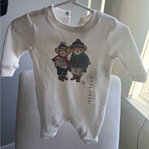 Ralph Lauren White Baby onesie Footie with Twin Bear Winter Sz 3 months